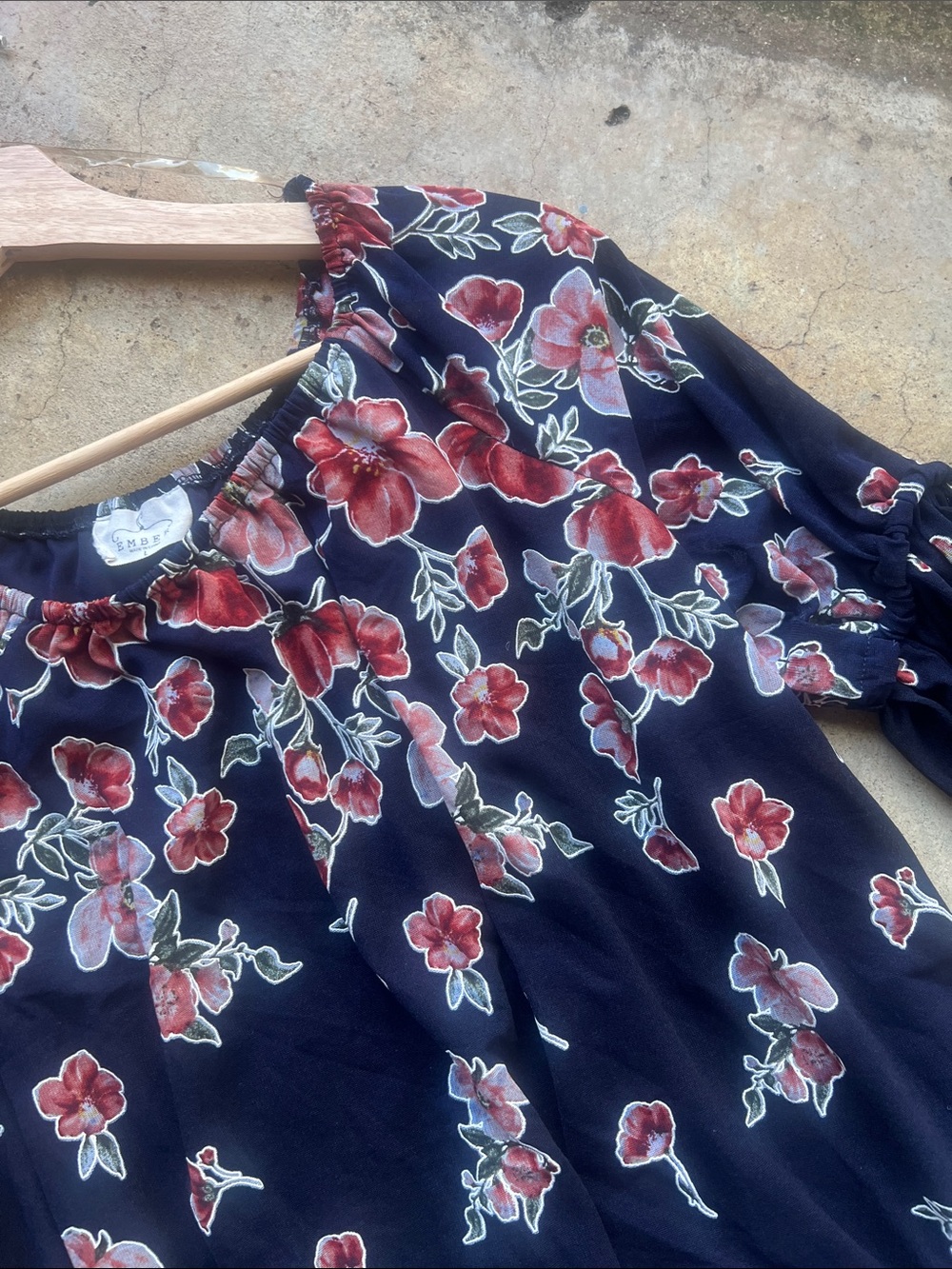 Women’s Floral Peasant Top - Black with Red Flowers - Picture 5 of 8